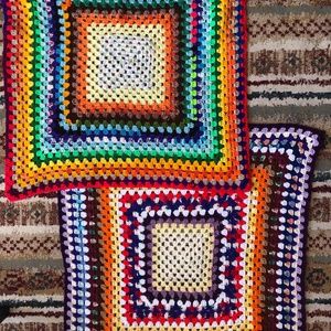 2 Granny Square Crochet Afghan Blankets Throw Multicolor Hippy Boho Retro